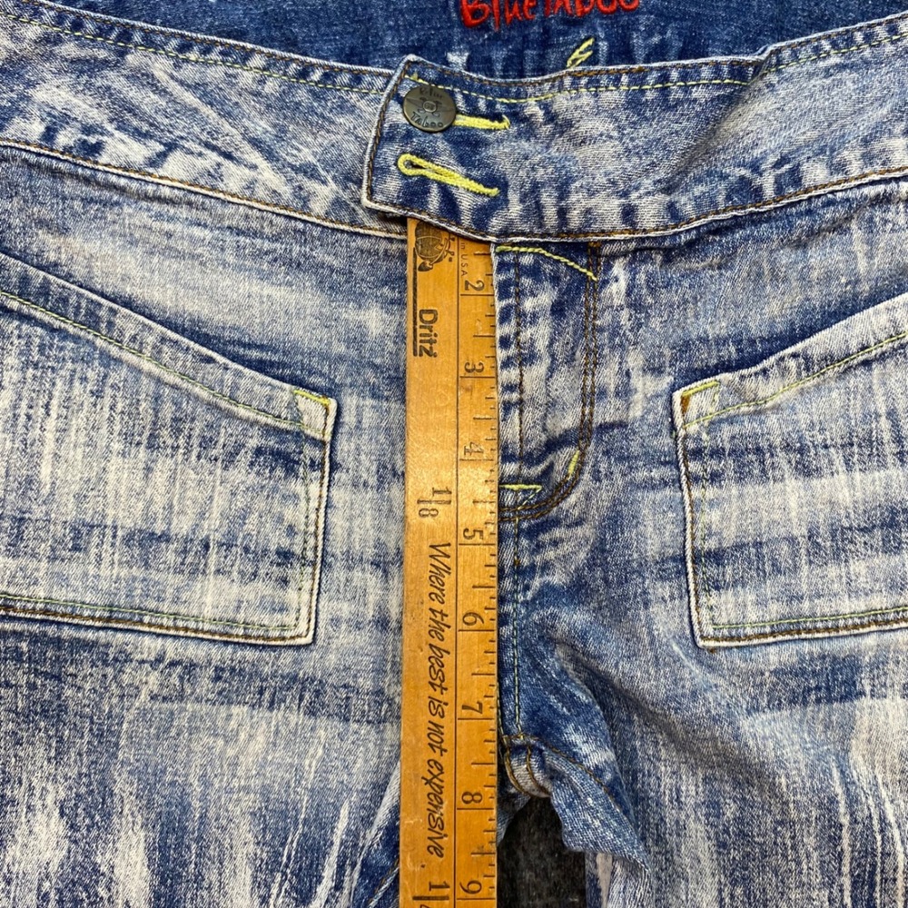 Blue Taboo Jeans Sz‎ 5 Womens Y2K Grunge Acid Wash Flare Low Rise Patch Pocket - Picture 10 of 11